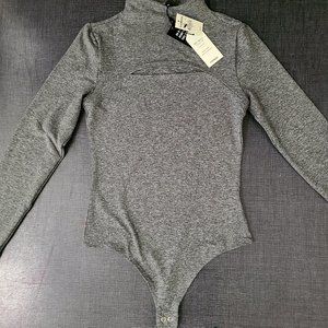 Body Contour Cozy Mock Neck Cutout Bodysuit (Gray) - Small